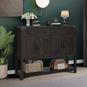 HOSTACK Buffet Sideboard Cabinet with Storage, 47.2" Modern Farmhouse Coffee Bar with 2 Drawers, Barn Door Console Table with Shelf for Kitchen, Dining Room, Living Room, Entryway (Dark Brown)