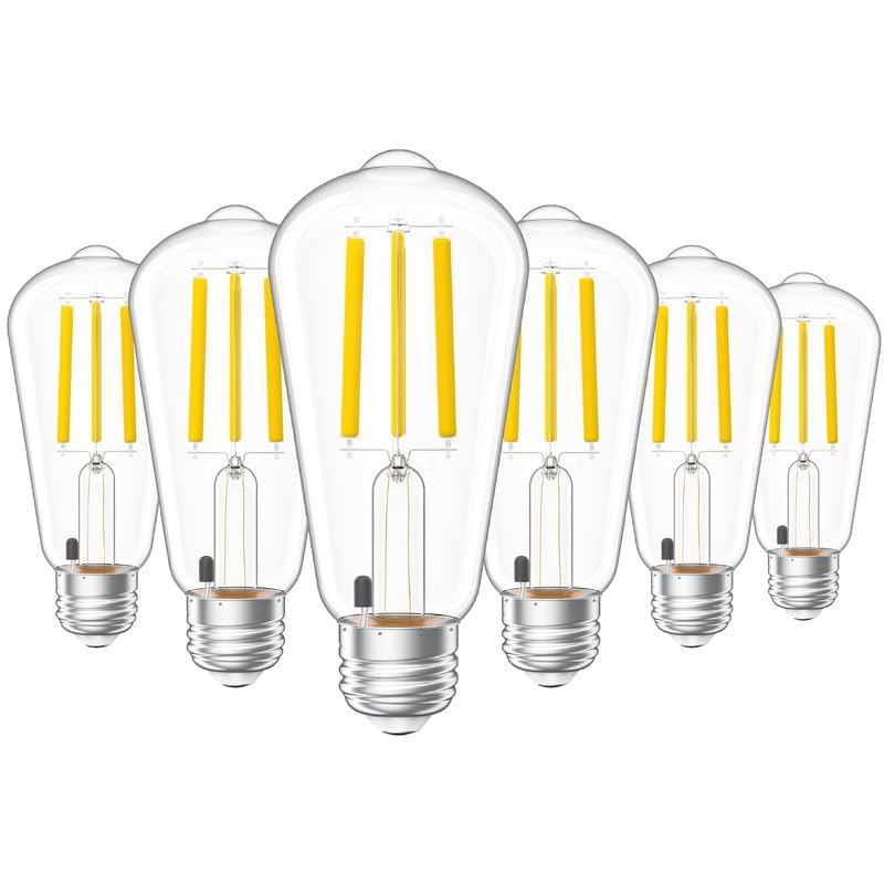 Sunco 6 Pack Dusk to Dawn Indoor Residential Vintage LED Edison Bulbs 75W Equivalent 7W, 850 Lumens Non-Dimmable ST58 Filament, 3000K Warm White, E26 Medium Base 120V Clear Glass Light Bulbs