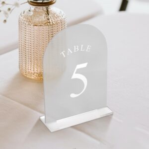 Yamesh Frosted Arch Table Numbers 1-10 White Printed for Wedding Reception Table Numbers with Stands Acrylic Table Numbers with Holders for Restaurant, Decoration, Party, Anniversary, Event(5x7 Inch)