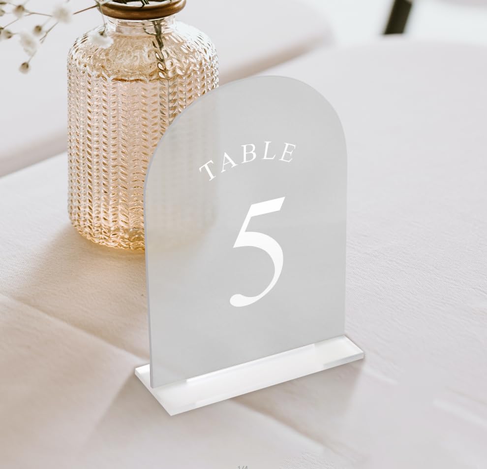 Yamesh Frosted Arch Table Numbers 1-10 White Printed for Wedding Reception Table Numbers with Stands Acrylic Table Numbers with Holders for Restaurant, Decoration, Party, Anniversary, Event(5x7 Inch)