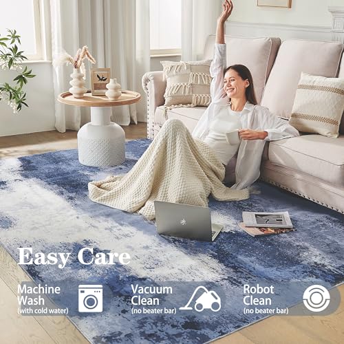 Andency Washable Area Rug 5x7, Modern Abstract Living Room Rugs, Non Slip Carpet for Bedroom Dining Room, Large Soft Satin Resistant Home Decor Rug, Blue