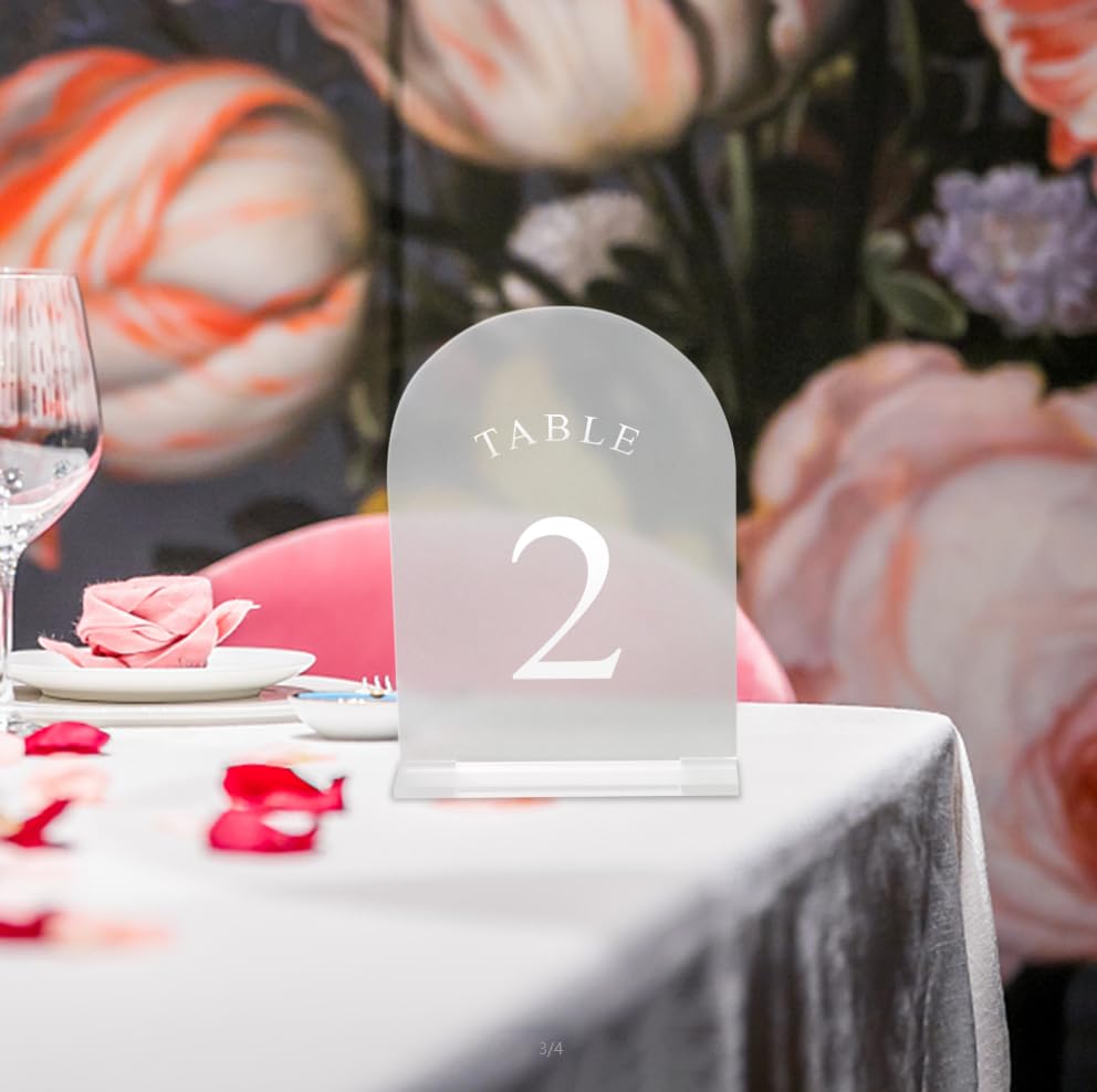 Yamesh Frosted Arch Table Numbers 1-10 White Printed for Wedding Reception Table Numbers with Stands Acrylic Table Numbers with Holders for Restaurant, Decoration, Party, Anniversary, Event(5x7 Inch)