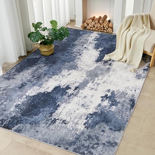 Andency Washable Area Rug 5x7, Modern Abstract Living Room Rugs, Non Slip Carpet for Bedroom Dining Room, Large Soft Satin Resistant Home Decor Rug, Blue