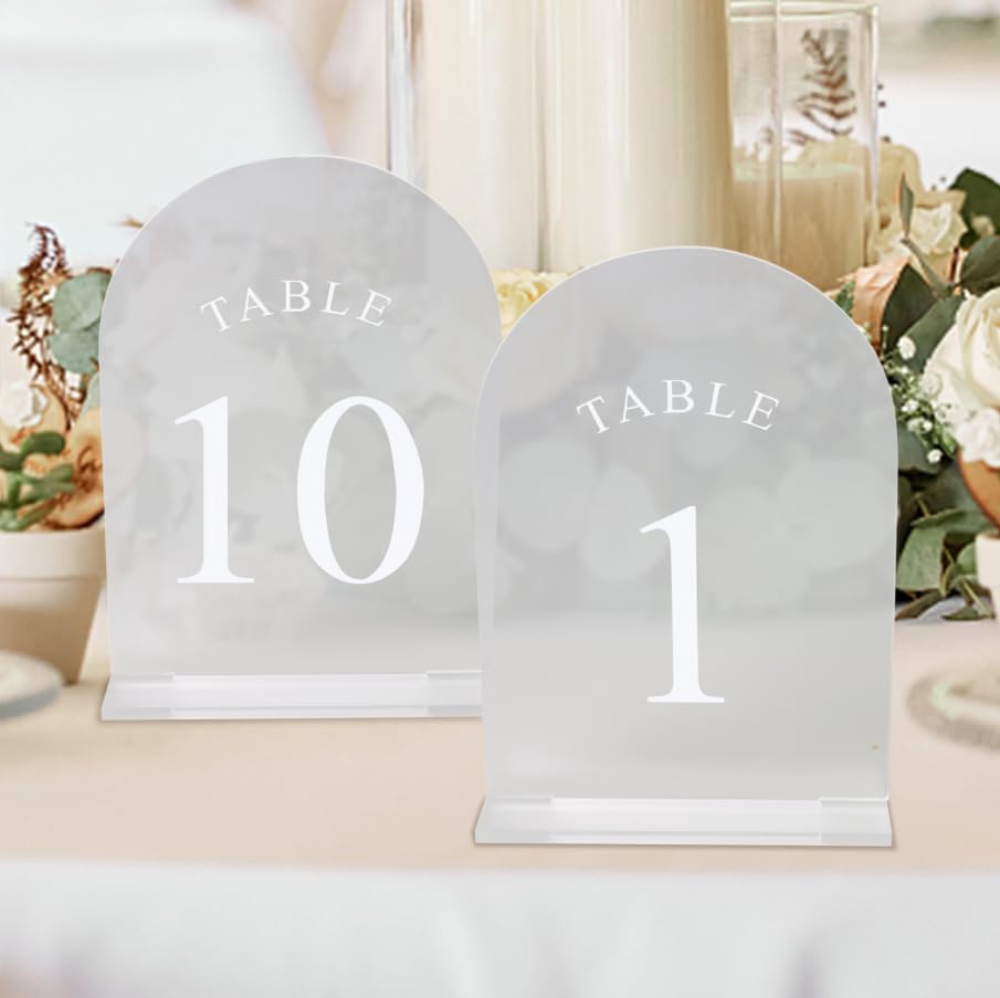 Yamesh Frosted Arch Table Numbers 1-10 White Printed for Wedding Reception Table Numbers with Stands Acrylic Table Numbers with Holders for Restaurant, Decoration, Party, Anniversary, Event(5x7 Inch)