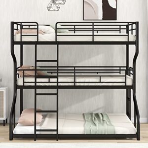 RORIGAT Metal Triple Beds Full XL Over Twin XL Over Queen Size, 3 Bunk Bed Frame with Long and Short Ladder for 3, Heavy Duty Bunk Beds for Kids Teens Adult,Black