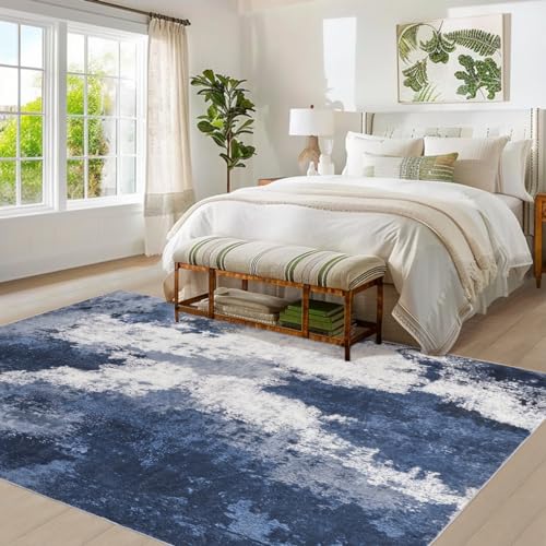 Andency Washable Area Rug 5x7, Modern Abstract Living Room Rugs, Non Slip Carpet for Bedroom Dining Room, Large Soft Satin Resistant Home Decor Rug, Blue