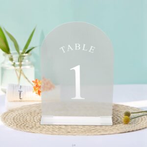 Yamesh Frosted Arch Table Numbers 1-10 White Printed for Wedding Reception Table Numbers with Stands Acrylic Table Numbers with Holders for Restaurant, Decoration, Party, Anniversary, Event(5x7 Inch)