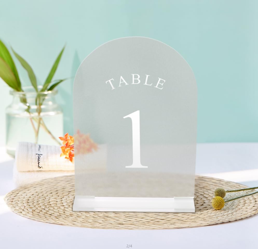 Yamesh Frosted Arch Table Numbers 1-10 White Printed for Wedding Reception Table Numbers with Stands Acrylic Table Numbers with Holders for Restaurant, Decoration, Party, Anniversary, Event(5x7 Inch)