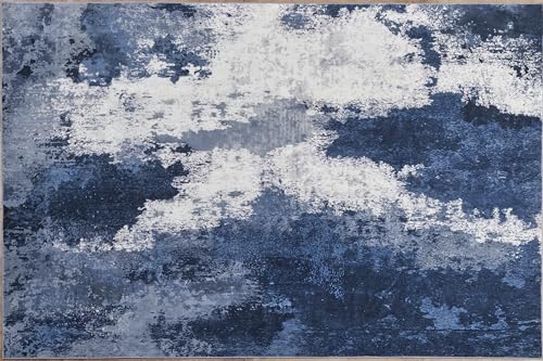 Andency Washable Area Rug 5x7, Modern Abstract Living Room Rugs, Non Slip Carpet for Bedroom Dining Room, Large Soft Satin Resistant Home Decor Rug, Blue