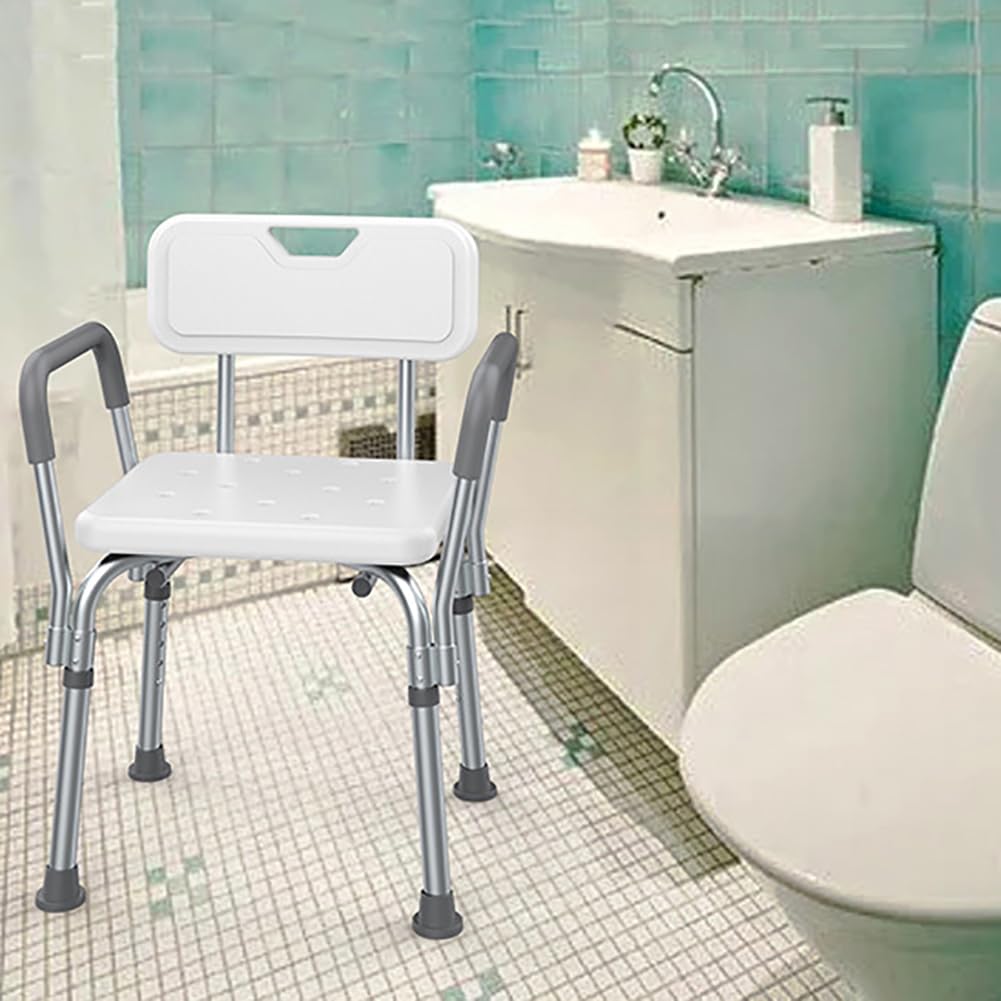 MegLob Lightweight Shower Chair Bath Stool, Aluminum Alloy Shower Chair with Backrest & Armrest, Height Adjustable Shower Bath Bench, Nonslip Bathing Bench Stool for Elderly, 330Lbs Capacity,Blue