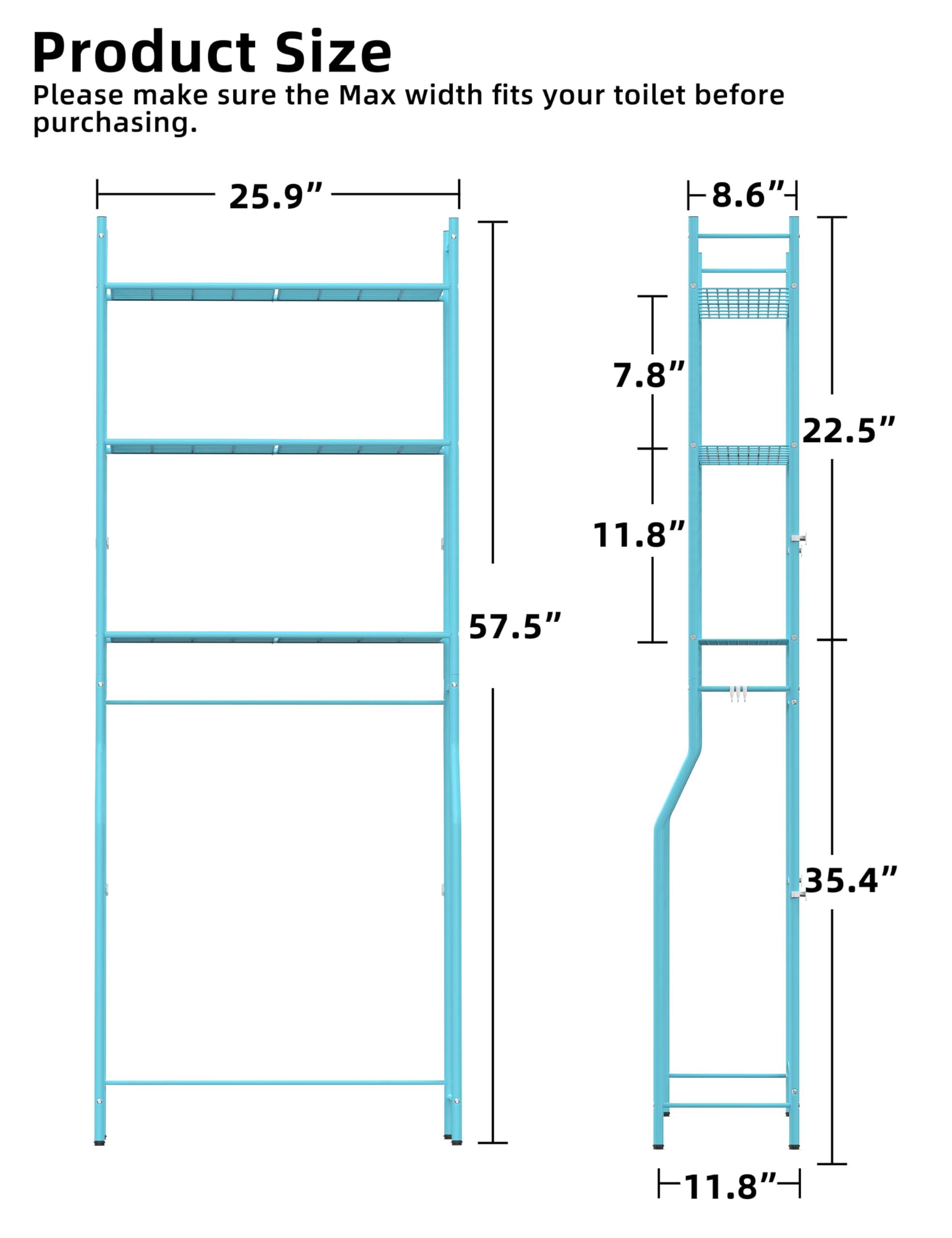 Livilord Over The Toilet Storage, 3-Tier Metal Bathroom Shelves, Freestanding above Toilet Storage Shelf with 4 Hooks for Bathroom, Blue