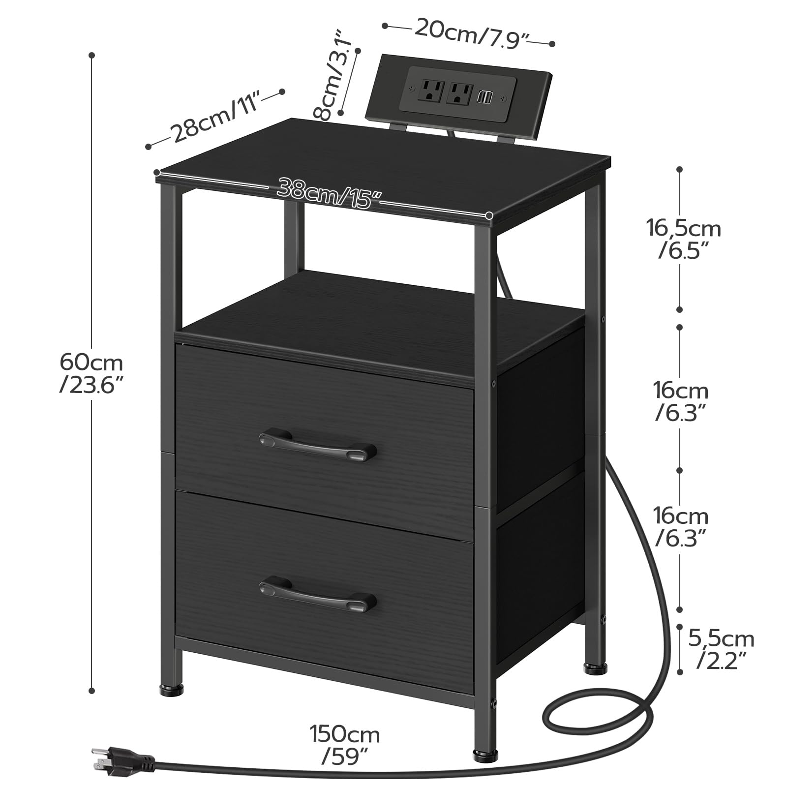 HOOBRO Nightstand with Charging Station, Bedside Table with LED Lights and 2 Fabric Drawers, End Table with Outlets and USB Ports, Small Night Stand for Bedroom, Black BB118UDBZ01