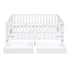 Wood Full Size Daybed with Fence Guardrails and 2 Drawers, Used as Independent Floor Bed & Daybed,for Kids Toddler Teens Adults Bedroom Use (White@Fence/, Full)