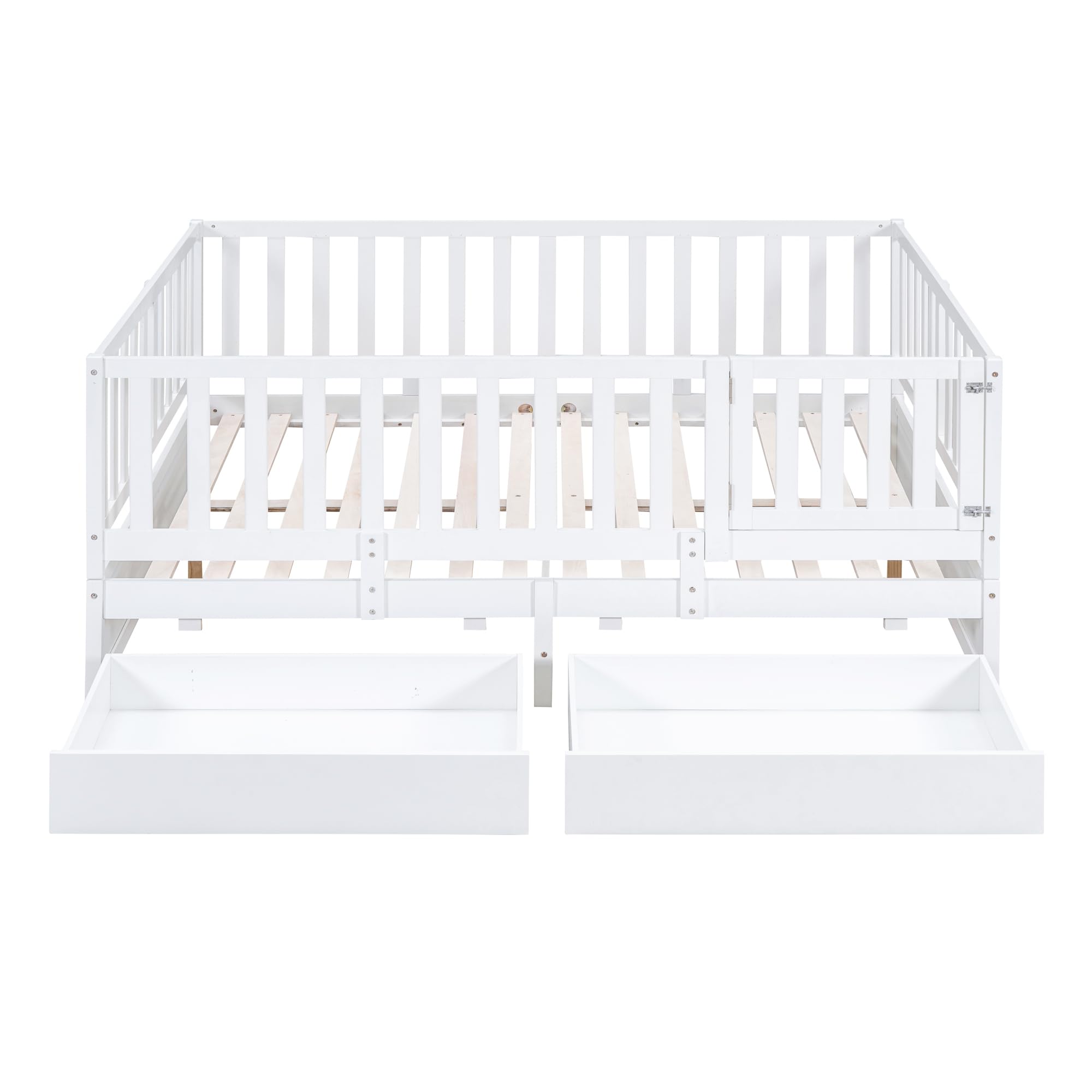 Wood Full Size Daybed with Fence Guardrails and 2 Drawers, Used as Independent Floor Bed & Daybed,for Kids Toddler Teens Adults Bedroom Use (White@Fence/, Full)