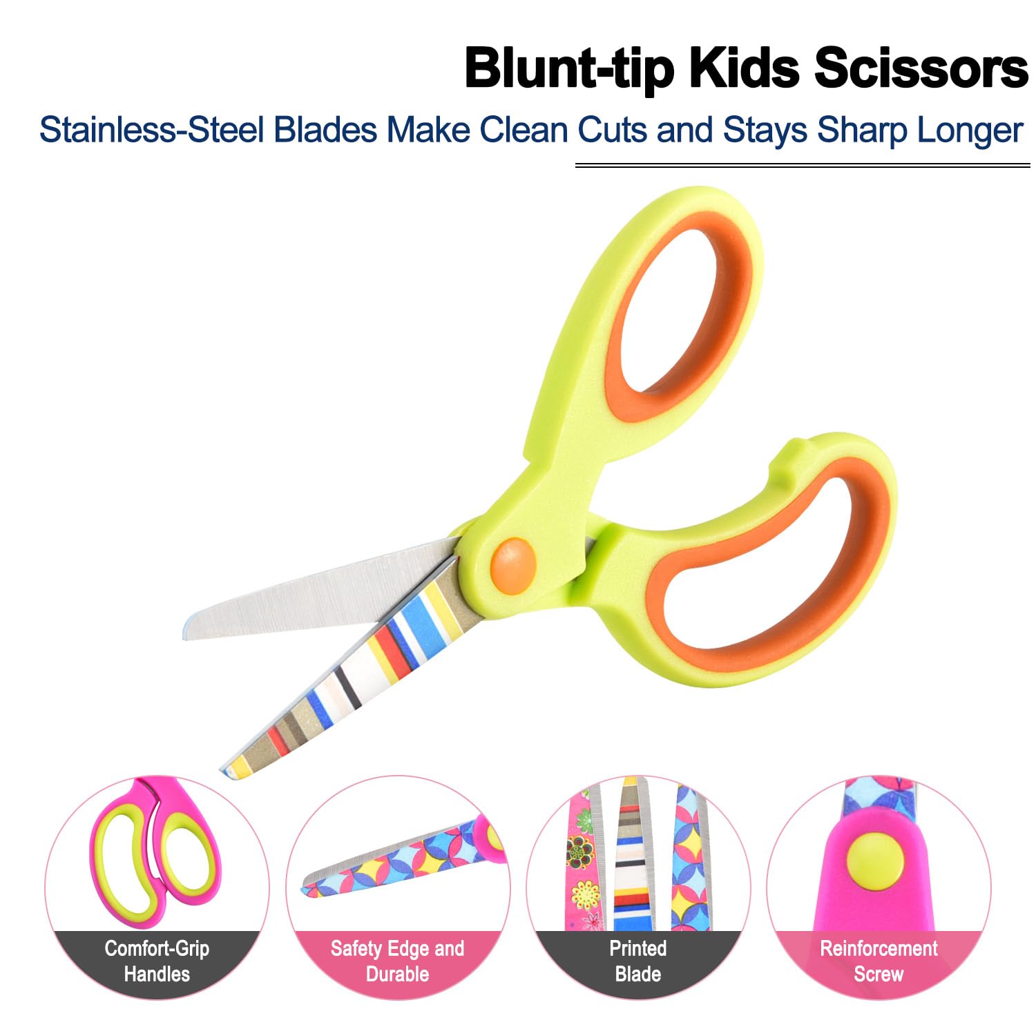 Zicolu Kids Scissors Set of 3 pack, Safety Children Scissors, Small Craft Scissors with Blunt-Tip Floral Print Blade and Soft Grip, Great for DIY, Arts, Home, School Classroom Use, Blue/Purple/Yellow