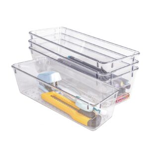 zuihug 4 pcs clear plastic drawer organizer, desk drawer divider organizers and storage bins for makeup, jewelry, gadgets for kitchen, bedroom, bathroom, office (9.0"x3.0"x2.2")