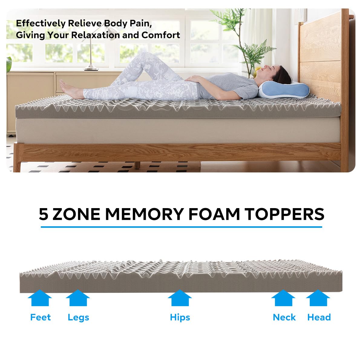 GELSEA 3 Inch Memory Foam Mattress Topper,5-Zone Bamboo Charcoal Infused Mattress Pad for Back Pain,Ventilated Soft Bed Topper,Odor Absorption (3 Inch, California King)