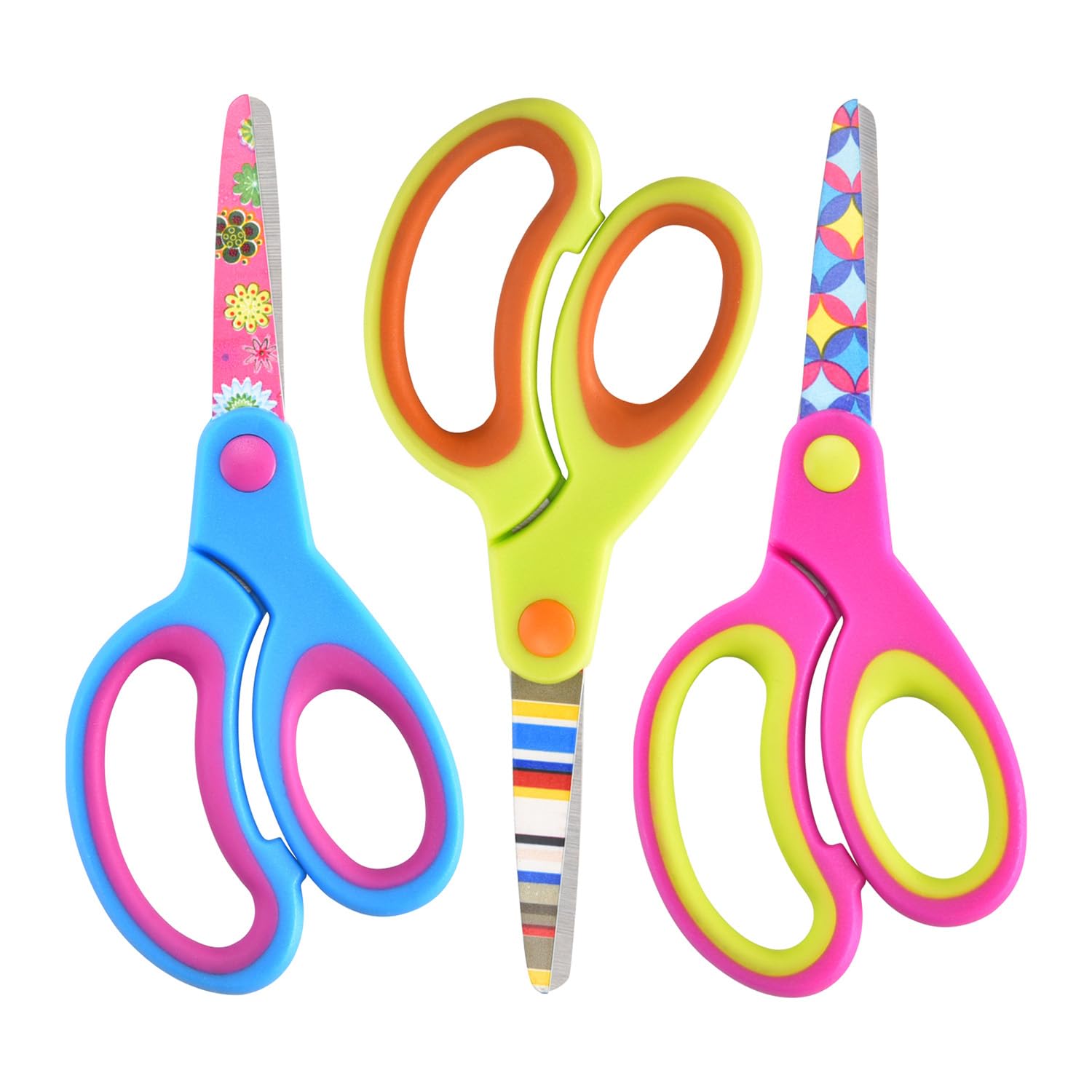 Zicolu Kids Scissors Set of 3 pack, Safety Children Scissors, Small Craft Scissors with Blunt-Tip Floral Print Blade and Soft Grip, Great for DIY, Arts, Home, School Classroom Use, Blue/Purple/Yellow