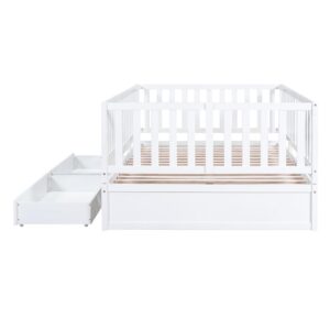 Wood Full Size Daybed with Fence Guardrails and 2 Drawers, Used as Independent Floor Bed & Daybed,for Kids Toddler Teens Adults Bedroom Use (White@Fence/, Full)