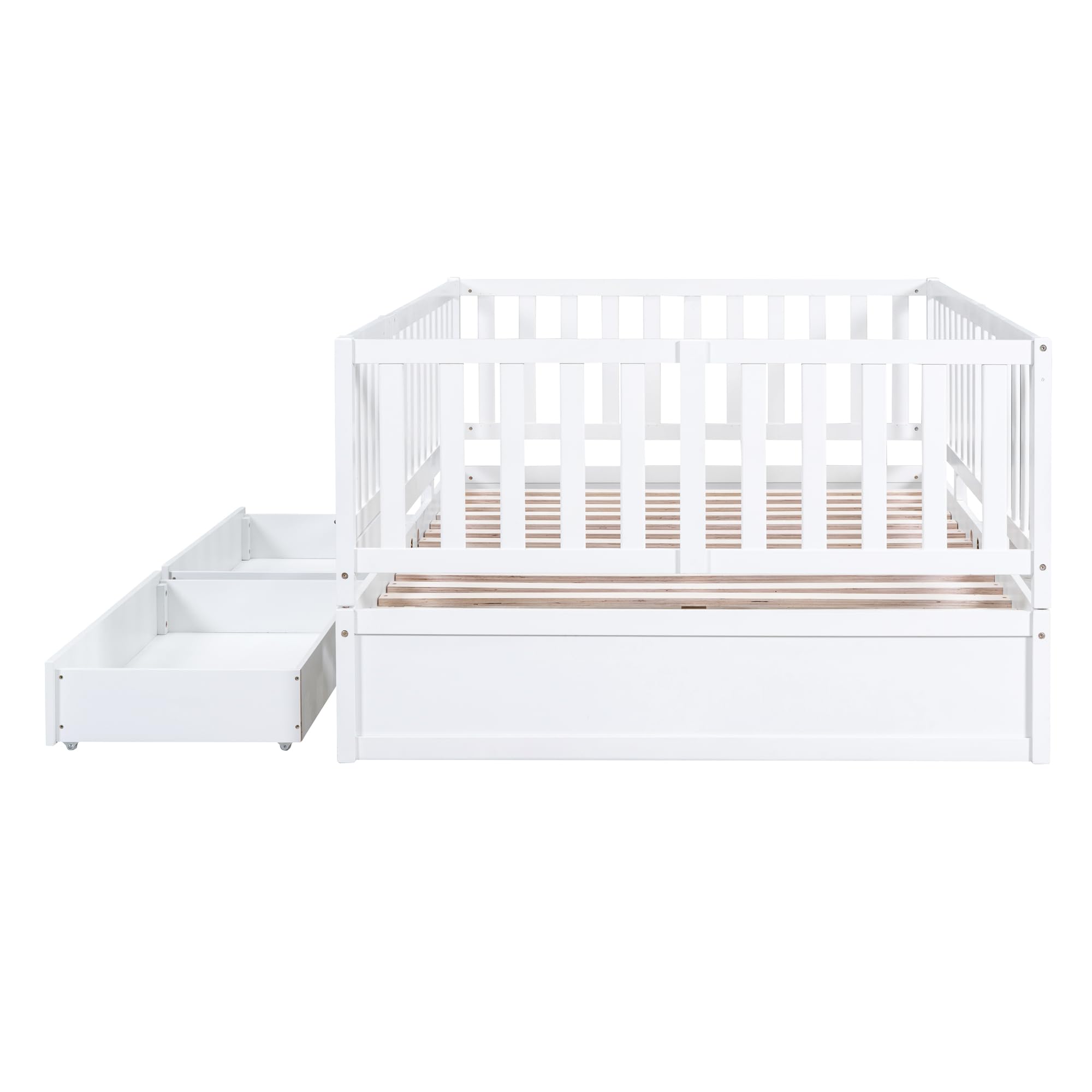 Wood Full Size Daybed with Fence Guardrails and 2 Drawers, Used as Independent Floor Bed & Daybed,for Kids Toddler Teens Adults Bedroom Use (White@Fence/, Full)