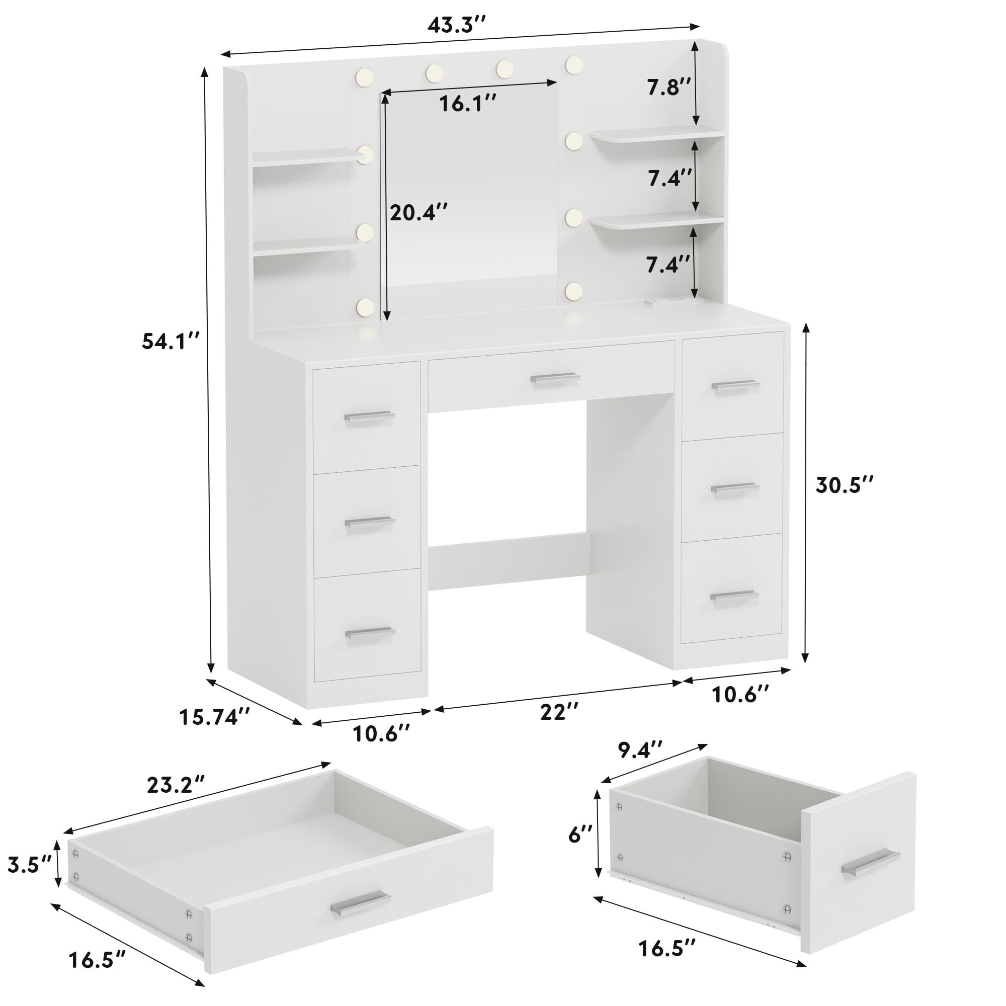 VICTONE Vanity Desk with LED Lighted Mirror&Power Outlet, 3 Model Lights Makeup Vanity Table with 7 Drawers and 6 Storage Shelves for Bedroom and Dressing Room (White)