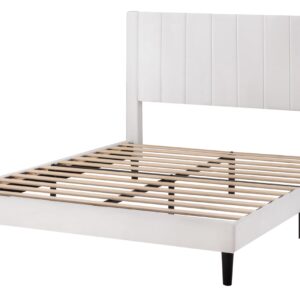 SHA CERLIN Queen Bed Frame/Velvet Upholstered Platform Bed Frame with Headboard/Strong Wood Slats Support/Mattress Foundation/No Box Spring Needed/Easy Assembly/White