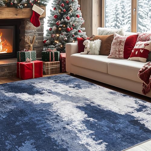 Andency Washable Area Rug 5x7, Modern Abstract Living Room Rugs, Non Slip Carpet for Bedroom Dining Room, Large Soft Satin Resistant Home Decor Rug, Blue