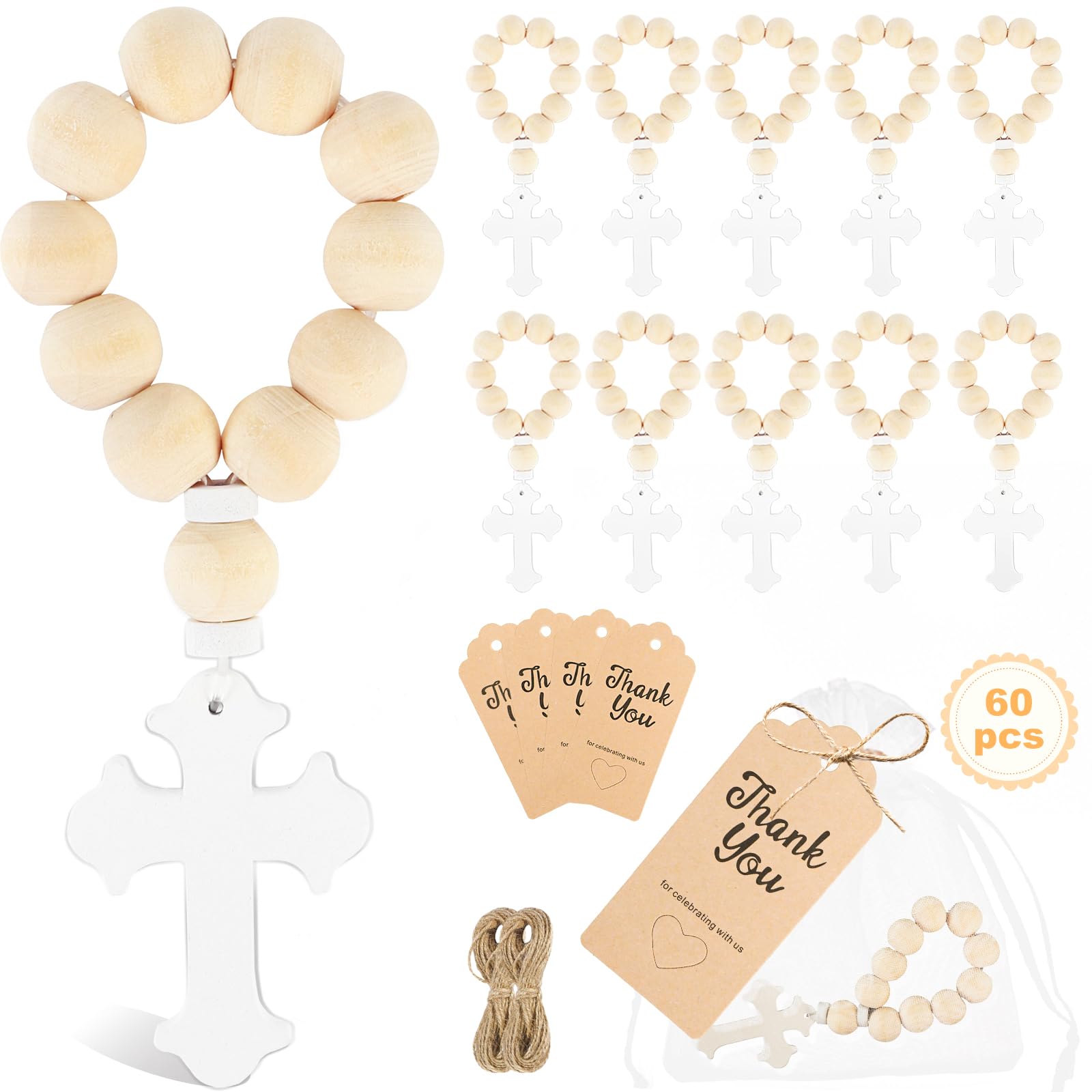 GUDELAK 60 Pieces Baptism Favors include wooden Rosary, Thank You Cards, and White Mesh Bags for Baptism Decorations Baby Shower Favors First Communion Gifts for Girls Boys