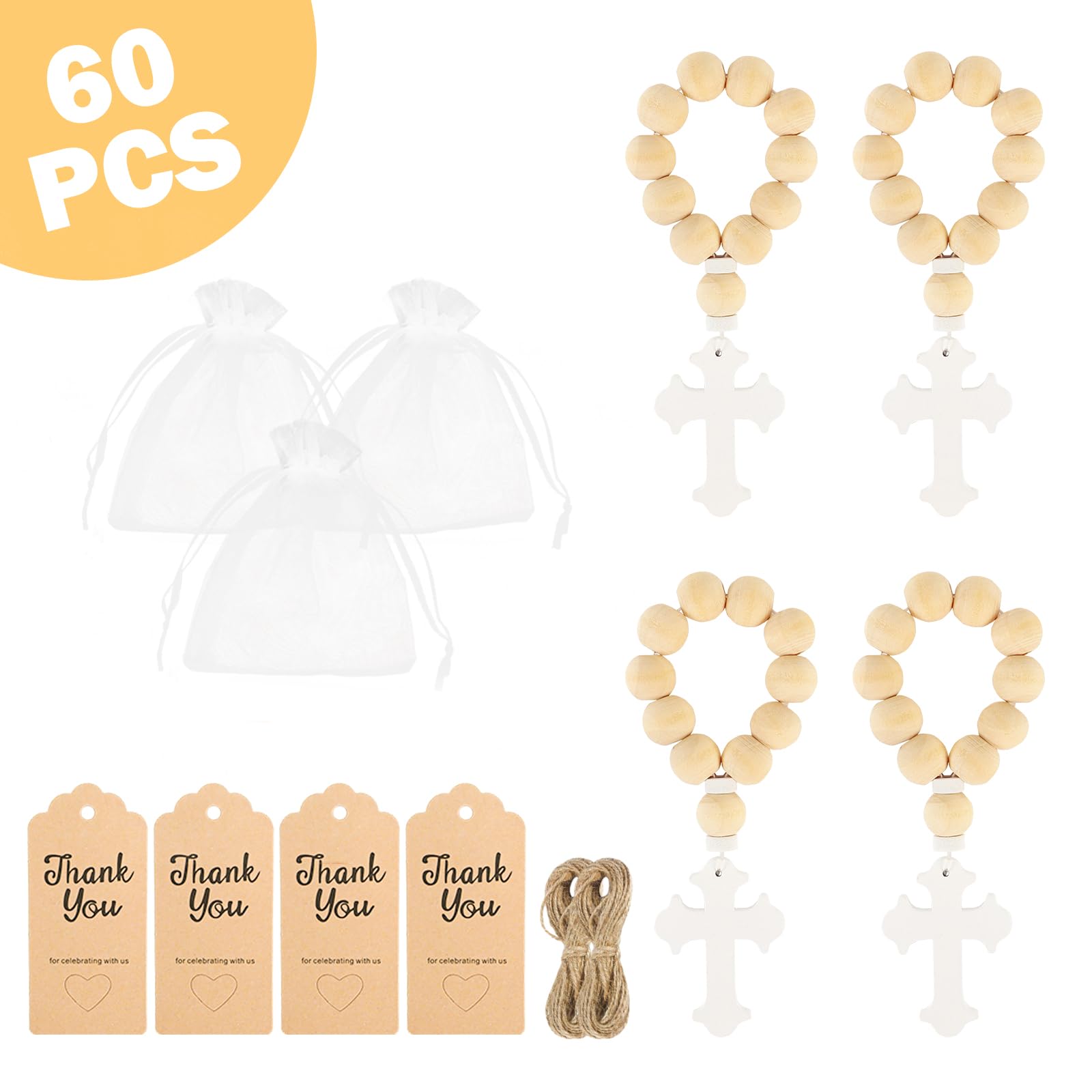 GUDELAK 60 Pieces Baptism Favors include wooden Rosary, Thank You Cards, and White Mesh Bags for Baptism Decorations Baby Shower Favors First Communion Gifts for Girls Boys