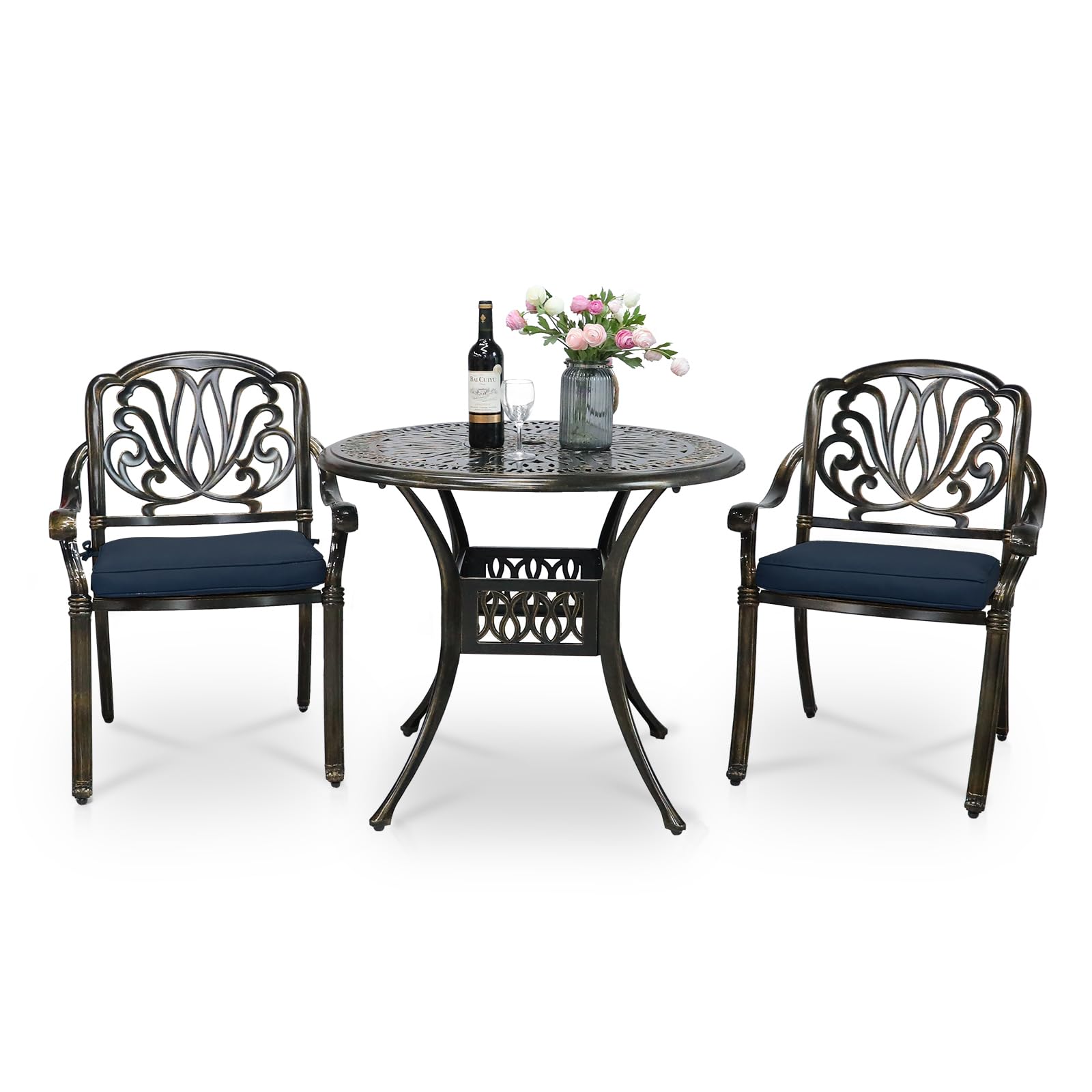 VIVIJASON 3-Piece Patio Bistro Sets, All-Weather Cast Aluminum Bistro Table Set Outdoor Patio Furniture, Include 2 Cushioned Chairs and 35.4" Round Table, 2" Umbrella Hole, Navy Blue Cushion