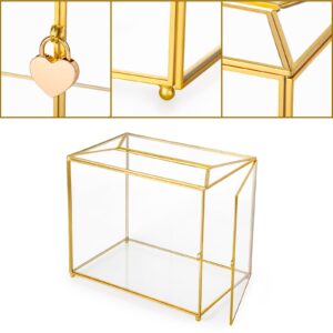 Gold Glass Card Box Wedding Card Box with Lock, Large Gift Card Box Money Box Holder for Wedding Reception, Anniversary, Birthday Party, Baby Shower, Graduation, Home Decorations