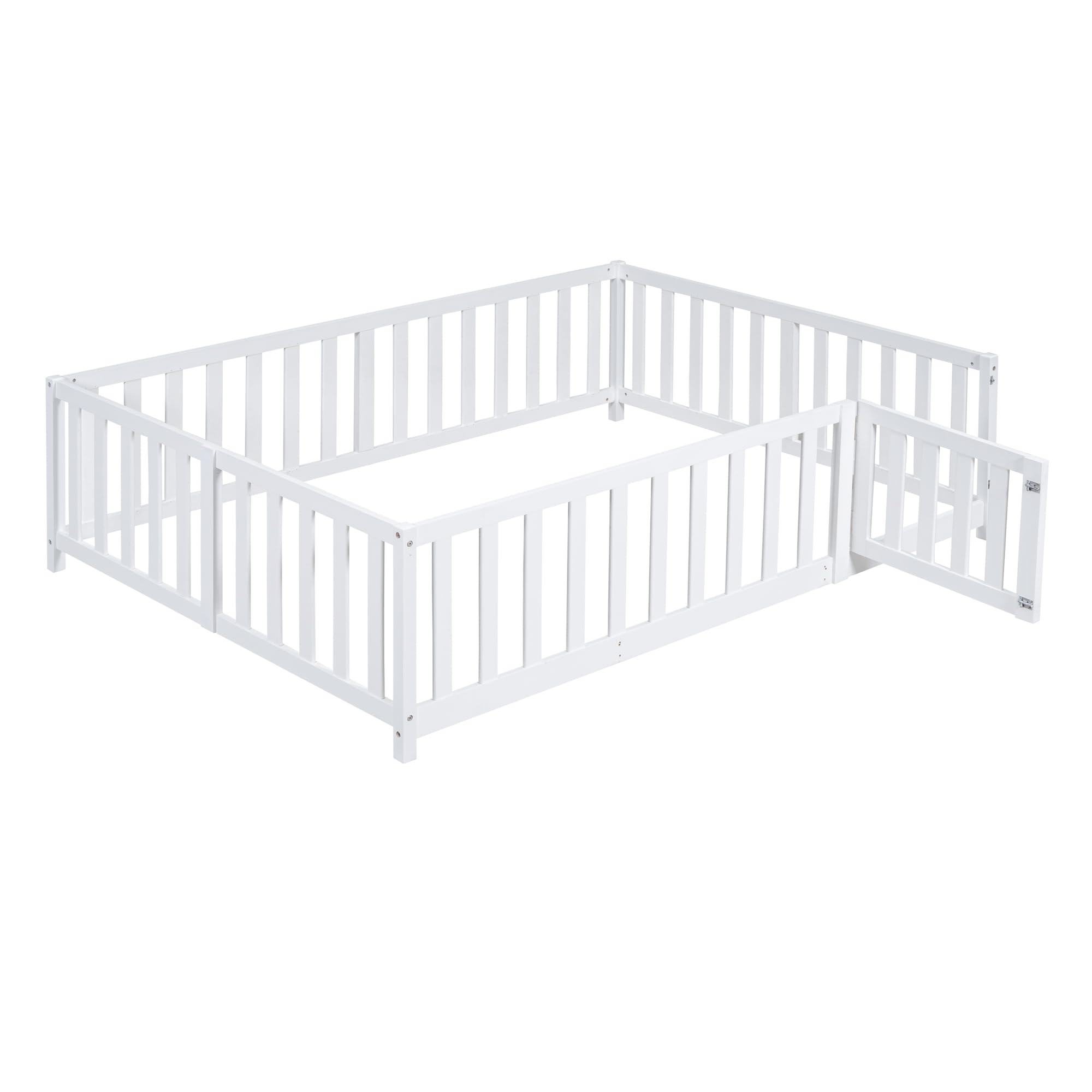 Wood Full Size Daybed with Fence Guardrails and 2 Drawers, Used as Independent Floor Bed & Daybed,for Kids Toddler Teens Adults Bedroom Use (White@Fence/, Full)