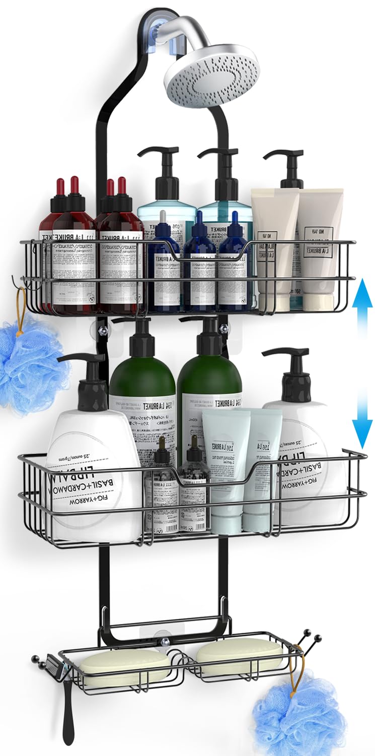 Turfson Hanging Shower Caddy Over Shower Head,Height Adjustable Shower Organizer Hanger Storage Rack Shelf For Inside Rustproof Bathroom Wall Basket With Soap Shampoo Holder Organization Black