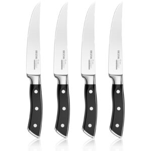 bezia steak knives set of 4, extra sharp non serrated steak knife set, german steel blades with full tang ergonomic handle