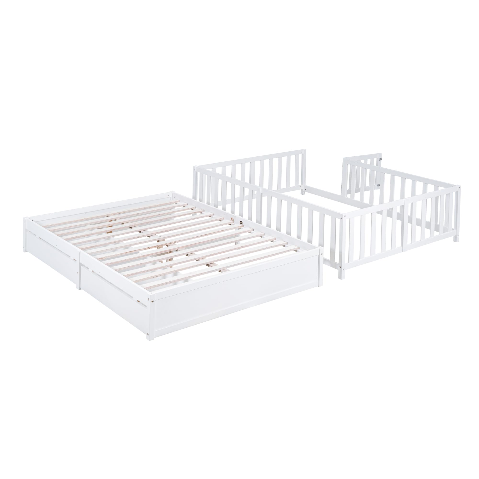 Wood Full Size Daybed with Fence Guardrails and 2 Drawers, Used as Independent Floor Bed & Daybed,for Kids Toddler Teens Adults Bedroom Use (White@Fence/, Full)