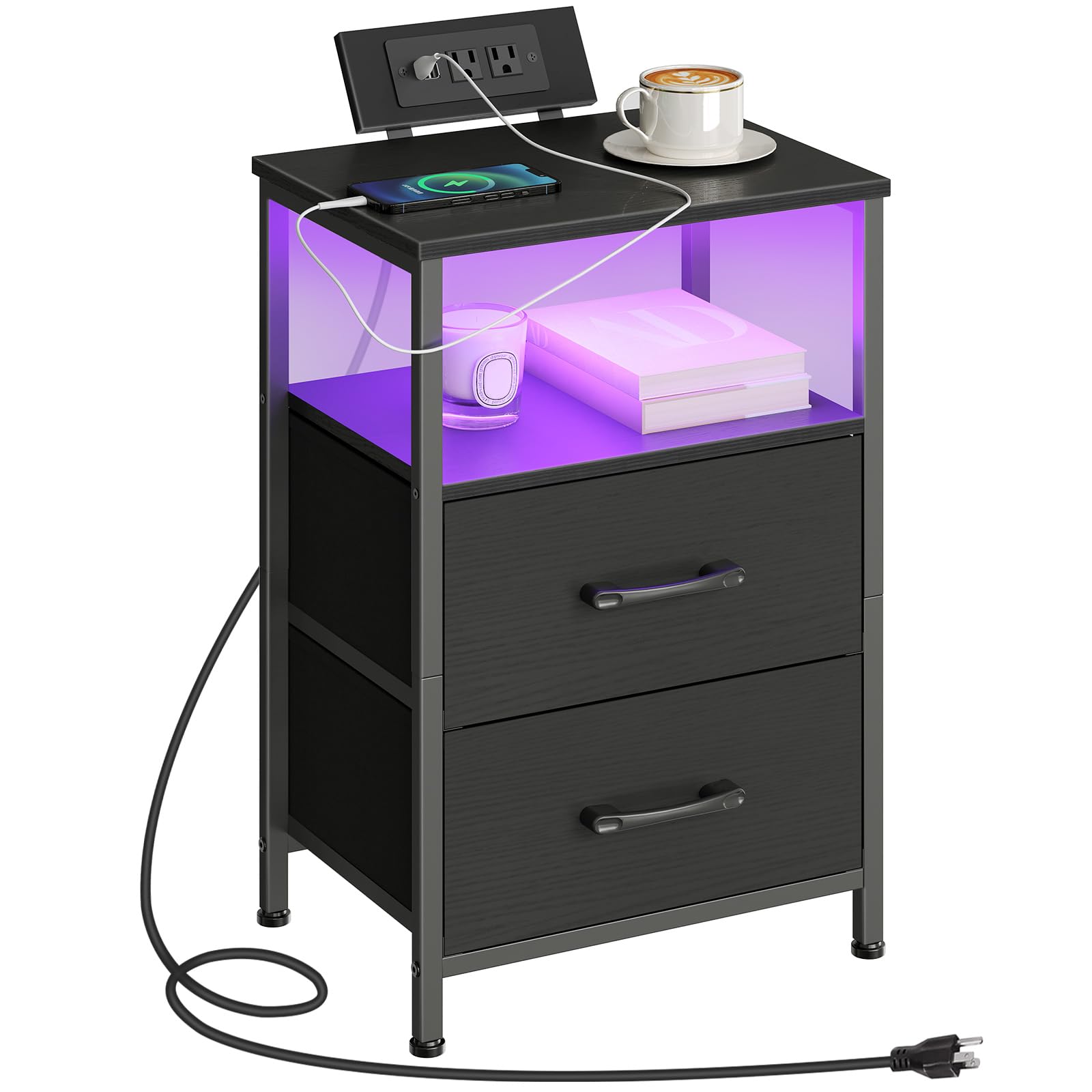 HOOBRO Nightstand with Charging Station, Bedside Table with LED Lights and 2 Fabric Drawers, End Table with Outlets and USB Ports, Small Night Stand for Bedroom, Black BB118UDBZ01