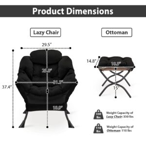 Youtanic Lazy Chair with Folding Ottoman, Accent Chair Velvet Upholstered with Metal Structure and Non-Slip Pads, Sofa Armchair with Footrest and Side Storage Bag for Dorm, Room, Office, Black