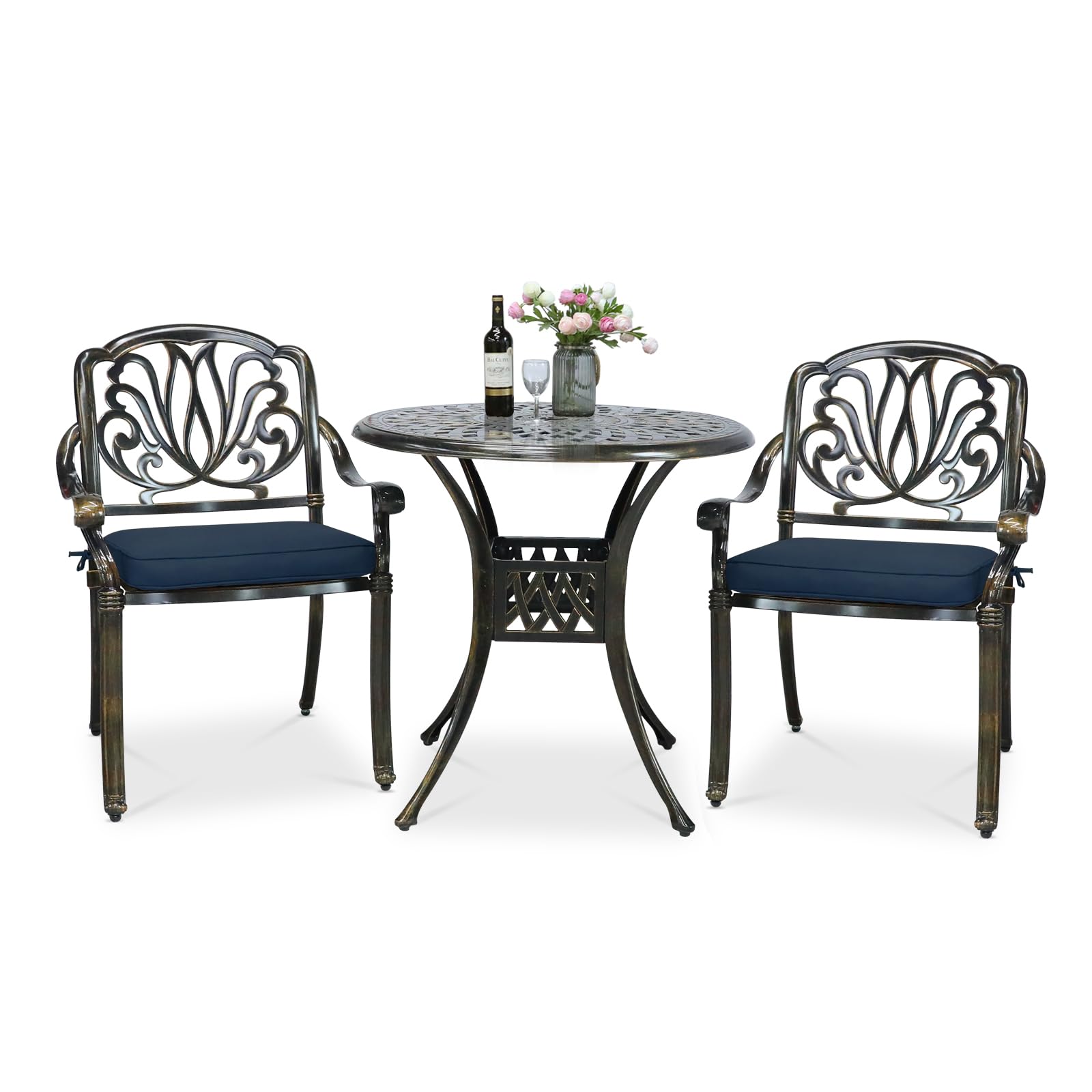 VIVIJASON 3-Piece Patio Furniture Dining Set, All-Weather Cast Aluminum Outdoor Bistro Set, Include 2 Chairs, 2 Cushions and 31" Round Table w/Umbrella Hole for Balcony, Backyard, Navy Blue Cushion