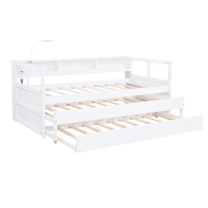 RORIGAT Twin XL Wood Daybed with 2 Trundles, 3 Storage Cubbies, 1 Light for Free and USB Charging Design, No Box Spring Needed, Wooden Platform Bed for Kids Teens Adults,White