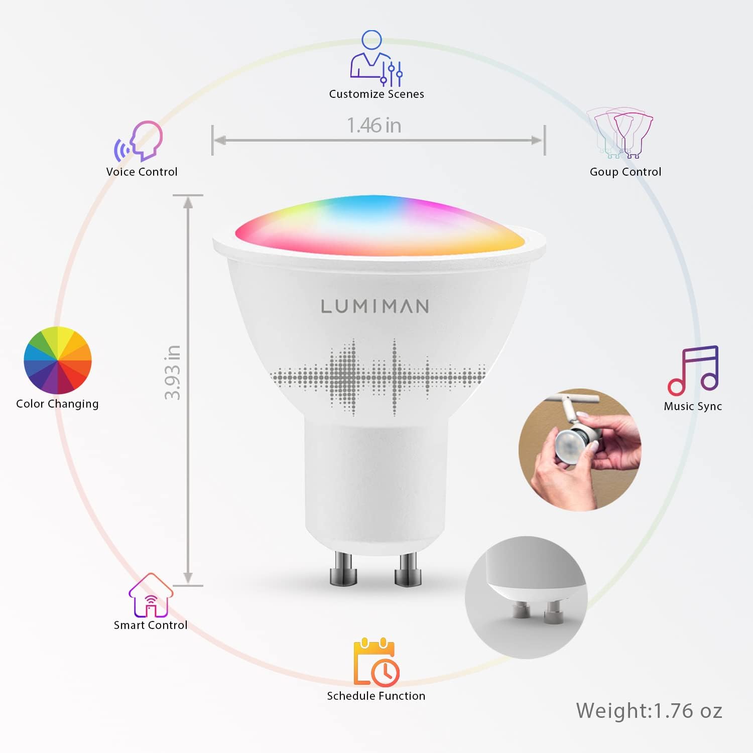 GU10 Smart Spotlight Bulb, Music Sync, RGBCW Color Changing Bulb, Works with Alexa and Google Assistant, Smart WiFi Control (2.4GHz Wi-Fi Only), 5W 400LM, for Range Hood and Track Lighting 1 Pack