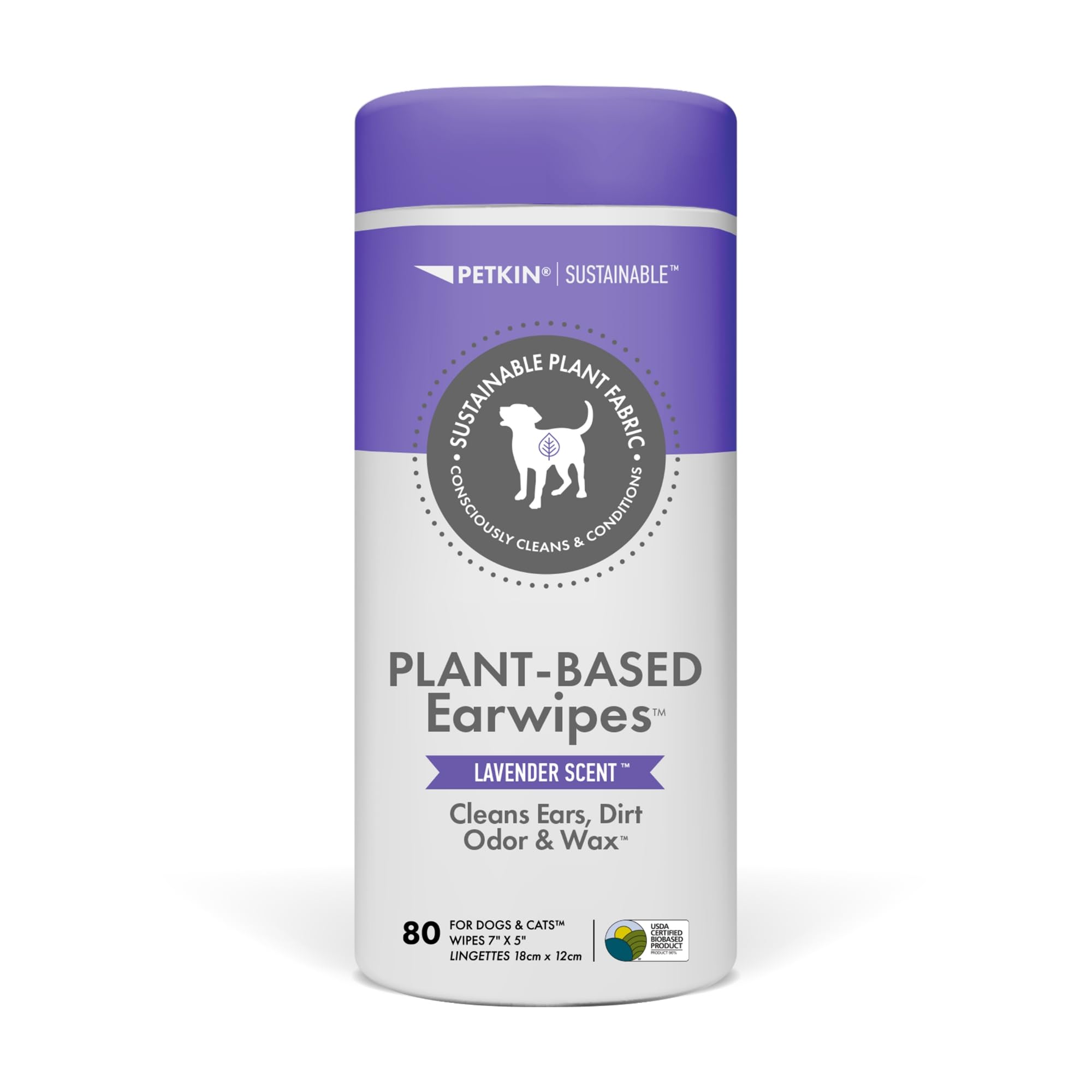 Petkin Plant-Based EarWipes, 80 Wipes - Biobased & Sustainable Pet Ear Wipes for Dogs & Cats - Cleans Ear Area, Dirt, Odor & Wax - Consciously Cleans & Conditions - Easy to Use - Lavender