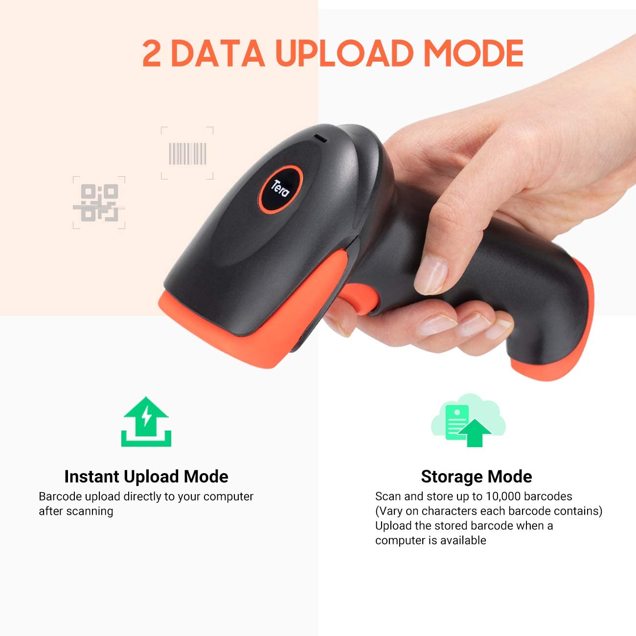 Tera Pro Wireless 2D QR Barcode Scanner 3 in 1 Bluetooth & 2.4GHz Wireless & USB Wired Connection Connect Smart Phone Tablet PC Image Bar Code Reader with Vibration Alert Model HW0002-O