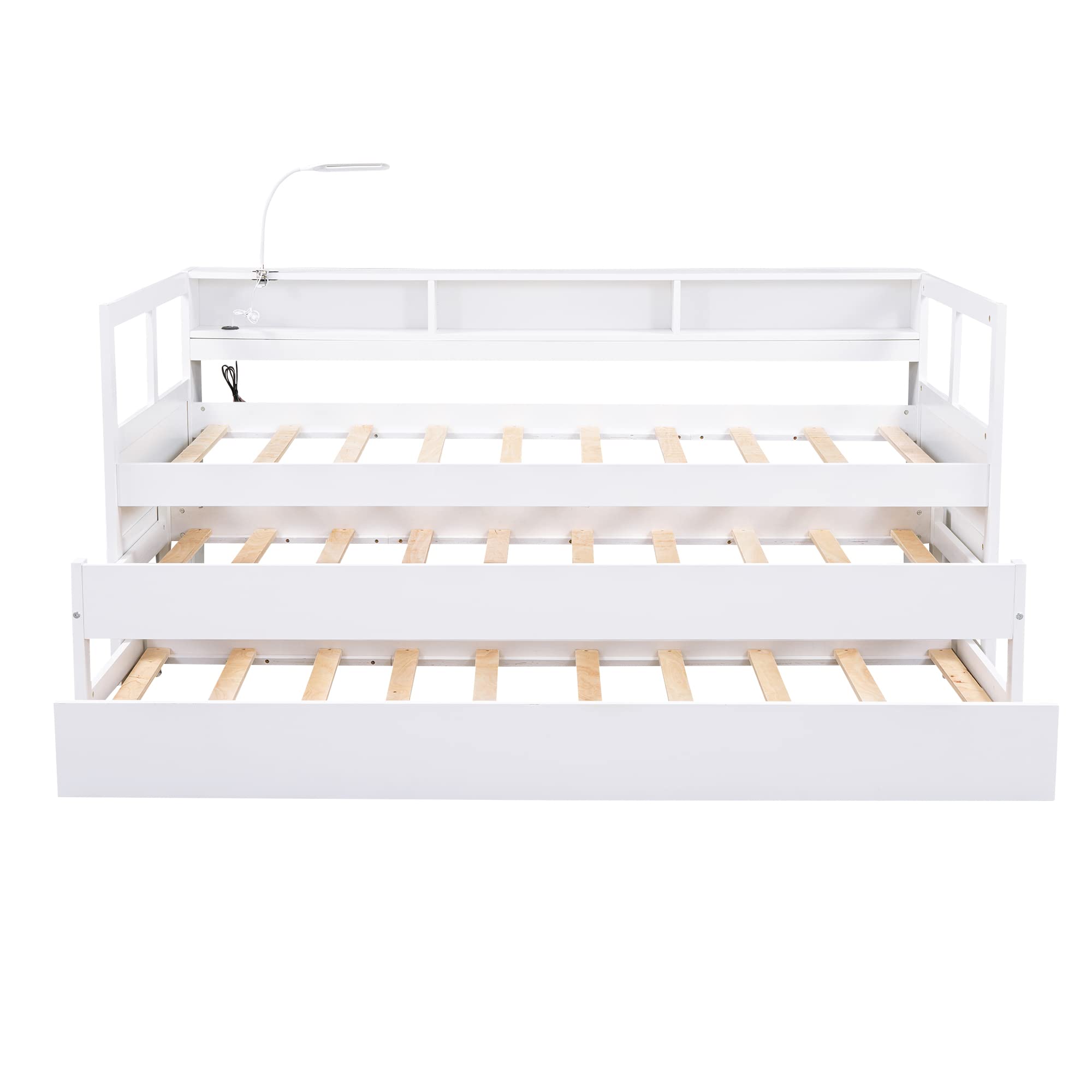 RORIGAT Twin XL Wood Daybed with 2 Trundles, 3 Storage Cubbies, 1 Light for Free and USB Charging Design, No Box Spring Needed, Wooden Platform Bed for Kids Teens Adults,White