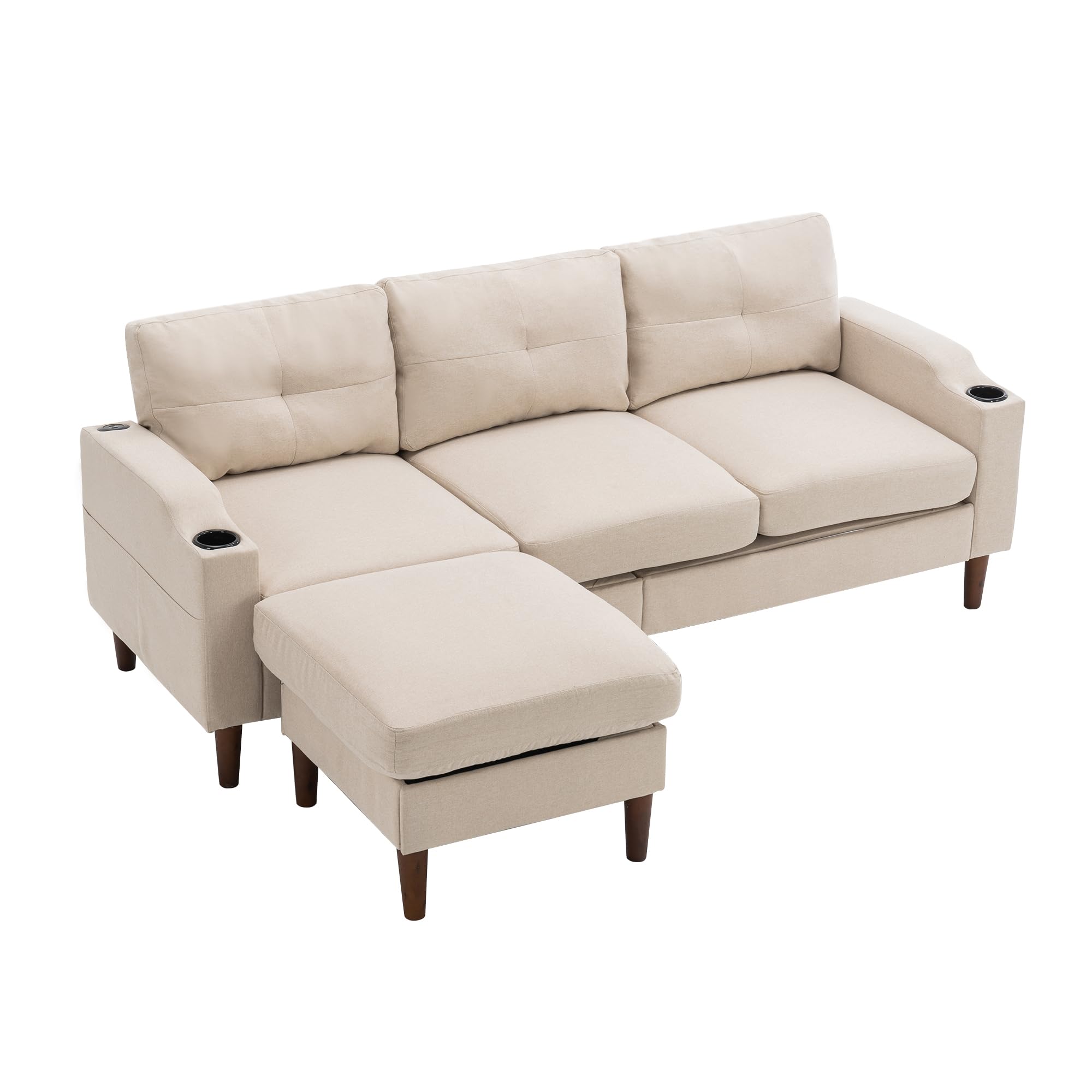 Dolonm L-Shape Modern Sofa, Sectional Couch with Built-in USB Port and Convenient Cup Holder, 3-Seater Sofa with Storage Ottoman, Couch for Living Room, Office, Apartment, Beige