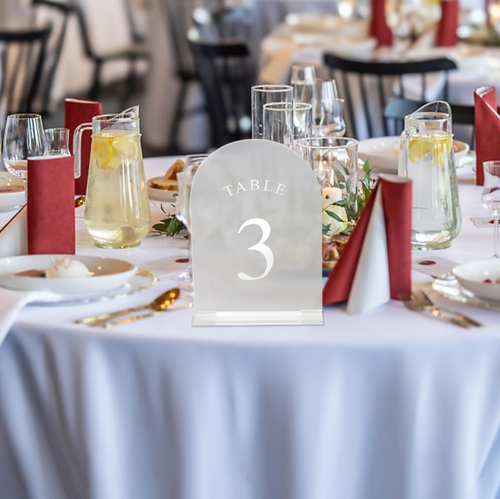 Yamesh Frosted Arch Table Numbers 1-10 White Printed for Wedding Reception Table Numbers with Stands Acrylic Table Numbers with Holders for Restaurant, Decoration, Party, Anniversary, Event(5x7 Inch)