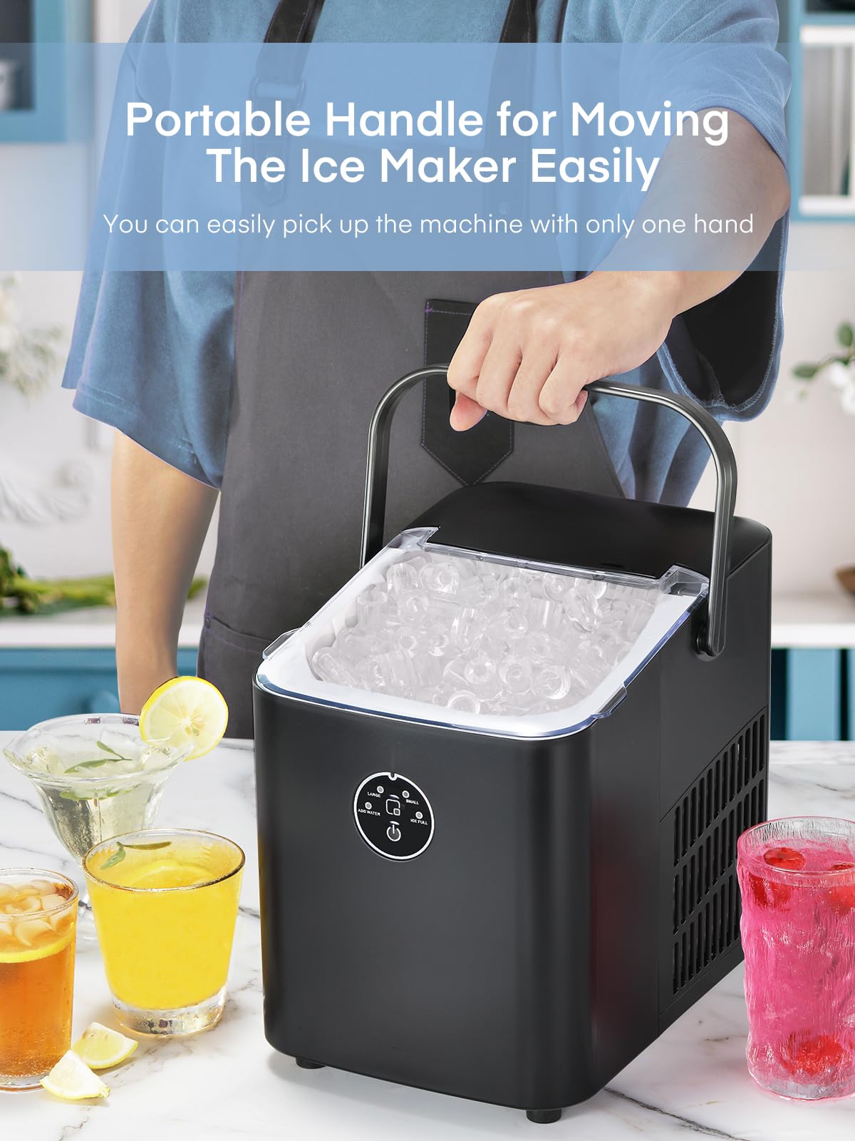 FOHERE Countertop Ice Maker with Handle, Portable Ice Machine Self-Cleaning, 28 lbs in 24Hrs, 2 Sizes of Bullet Ice, Ice Ready in 6 Mins, with Ice Scoop & Basket, for Home/Kitchen/Camping/RV