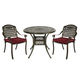 meetwarm 3 piece patio bistro set, outdoor all-weather cast aluminum dining furniture set includes 2 chairs with cushions and a 35.4” round table with umbrella hole for garden deck, chili red