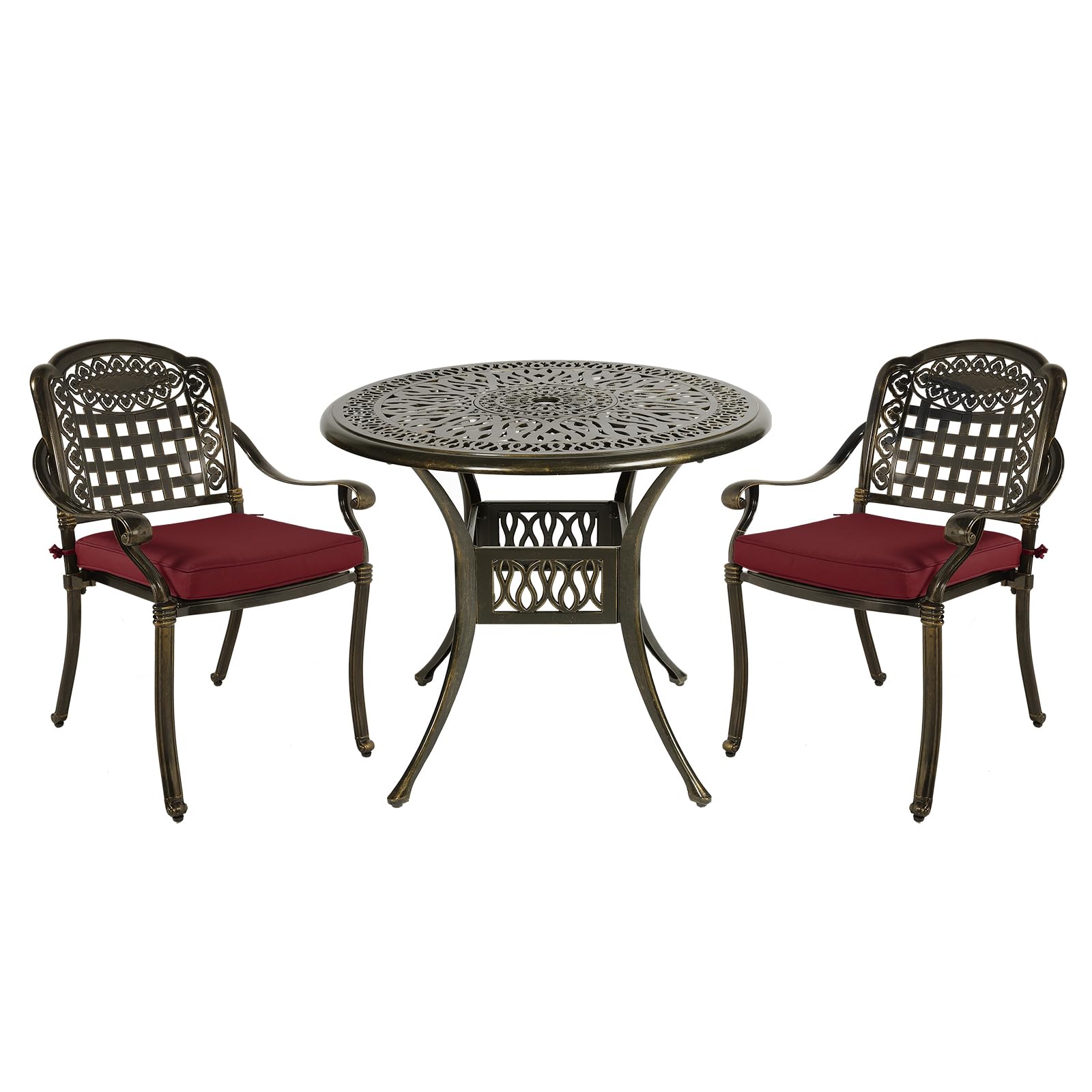 MEETWARM 3 Piece Patio Bistro Set, Outdoor All-Weather Cast Aluminum Dining Furniture Set Includes 2 Chairs with Cushions and a 35.4” Round Table with Umbrella Hole for Garden Deck, Chili Red