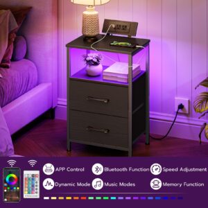 HOOBRO Nightstand with Charging Station, Bedside Table with LED Lights and 2 Fabric Drawers, End Table with Outlets and USB Ports, Small Night Stand for Bedroom, Black BB118UDBZ01