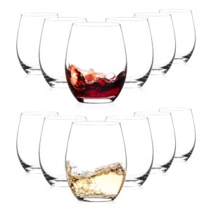 stemless wine glasses, 15 oz stemless glasses set of 12 for red or white wine, stemless glassware, no stem wine glasses, drinking glasses, clear